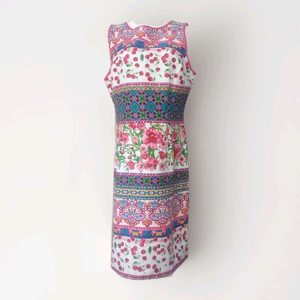 North style Summer Cherry Floral Sleeveless Shift Dress Womens Size 10 Pink Trim - Picture 2 of 10